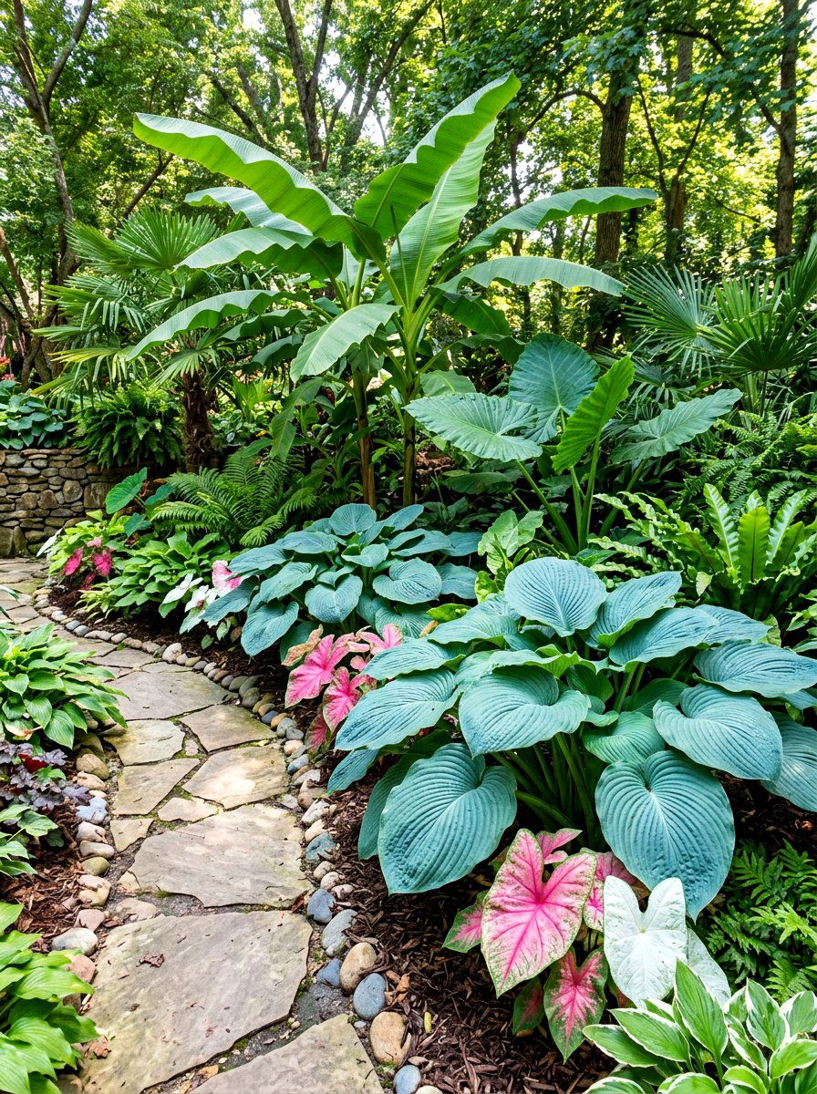 Tropical look hosta garden - 30 hosta border ideas