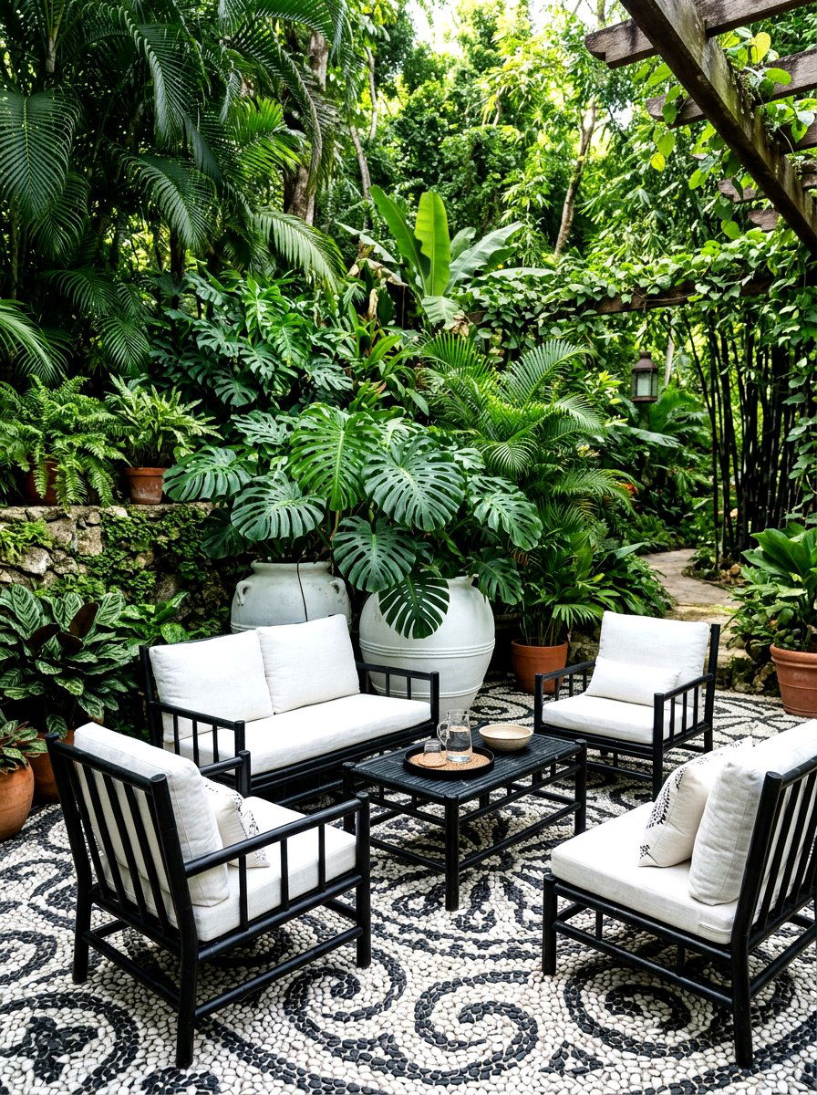 Tropical monochrome patio landscape - 30 black and white patio ideas