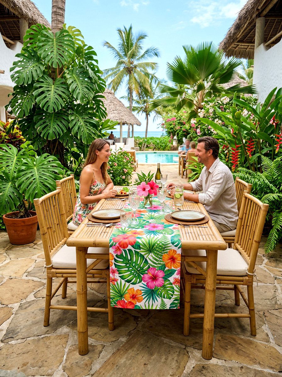 Tropical monstera hibiscus table runner - 30 floral table runner ideas