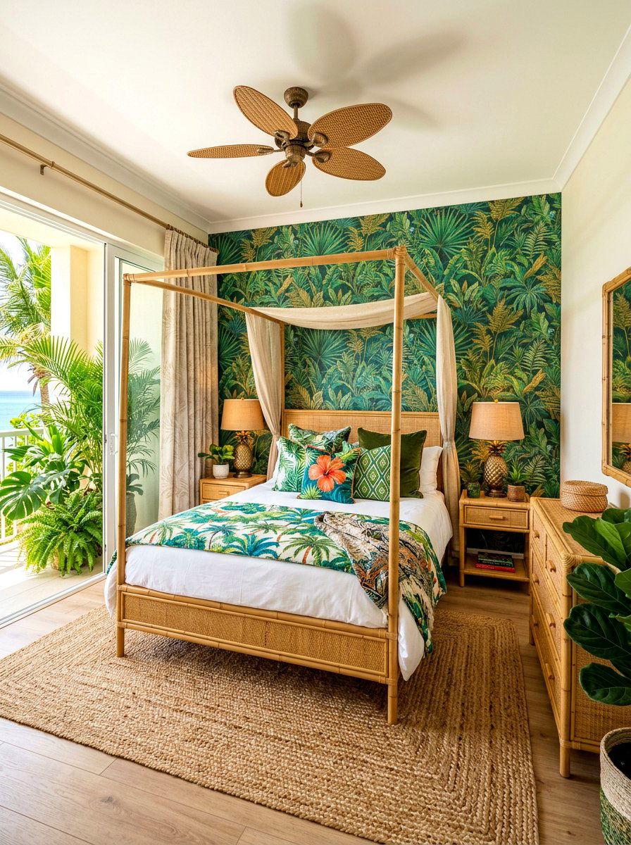 Tropical oasis bedroom with palm prints - 30 coastal bedroom ideas
