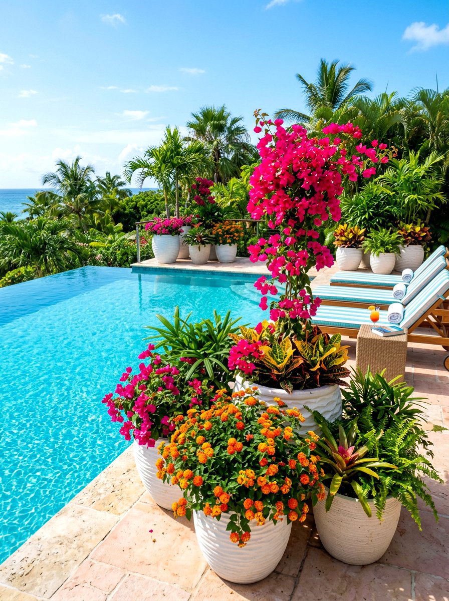 Tropical orange and pink container garden - 30 container garden color ideas