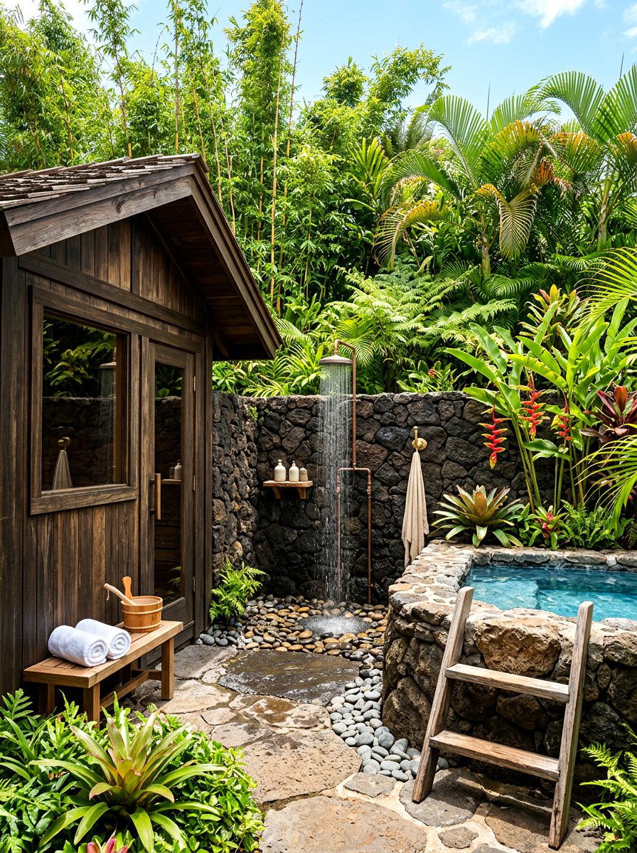 Tropical outdoor shower and sauna - 30 contrast therapy room ideas