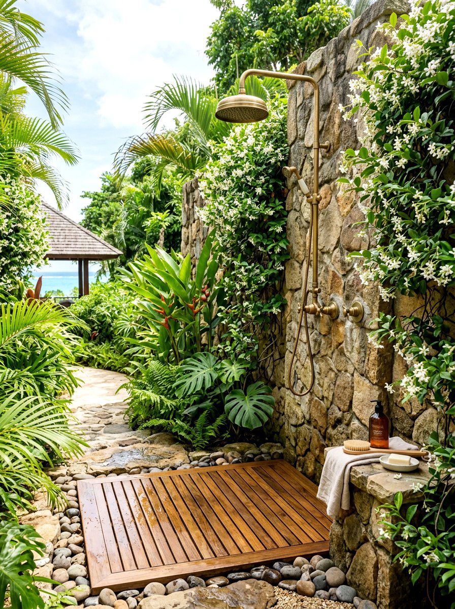 Tropical outdoor shower - 30 tropical landscaping ideas