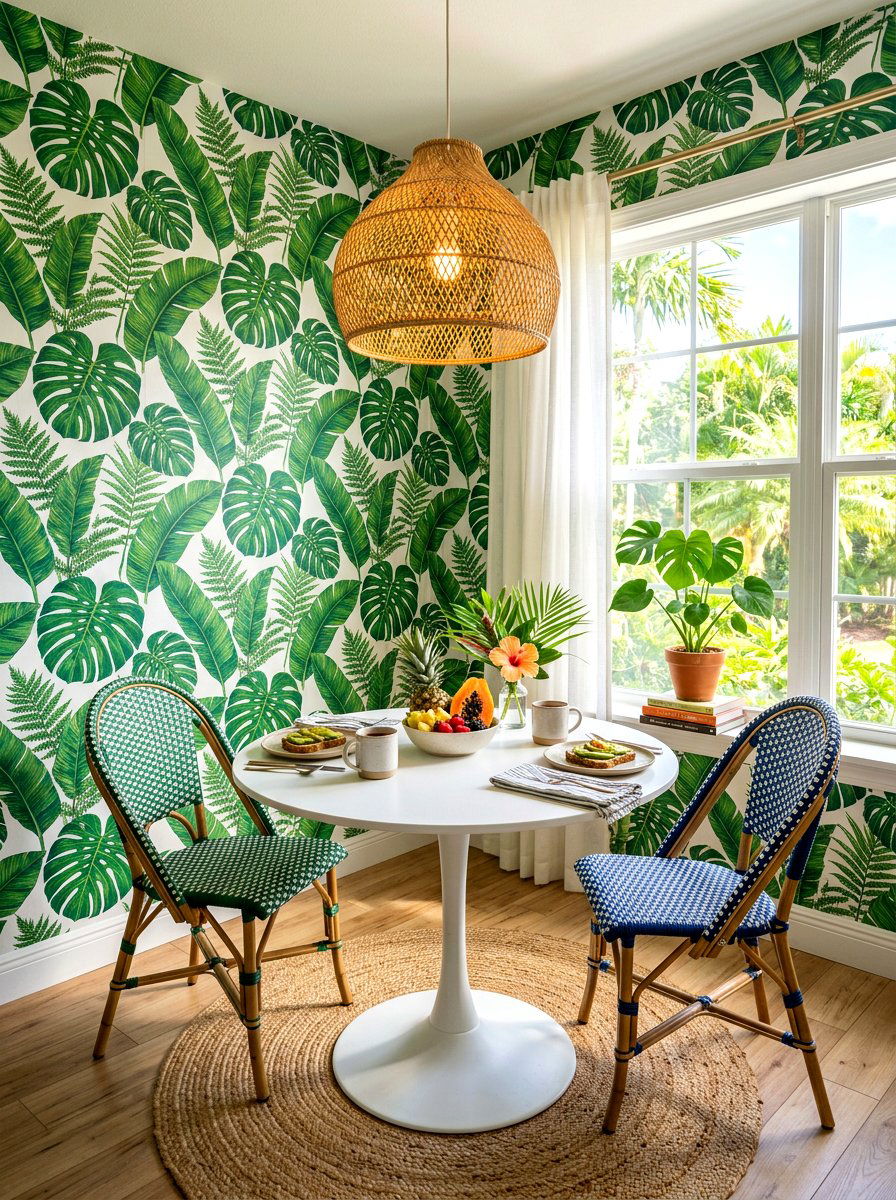 Tropical palm breakfast nook - 30 garden print wallpaper ideas
