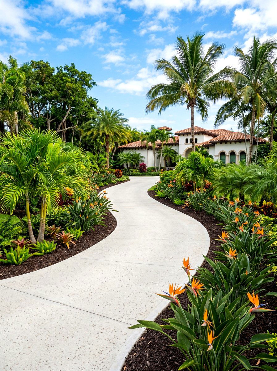 Tropical palm driveway landscape - 30 driveway side garden ideas
