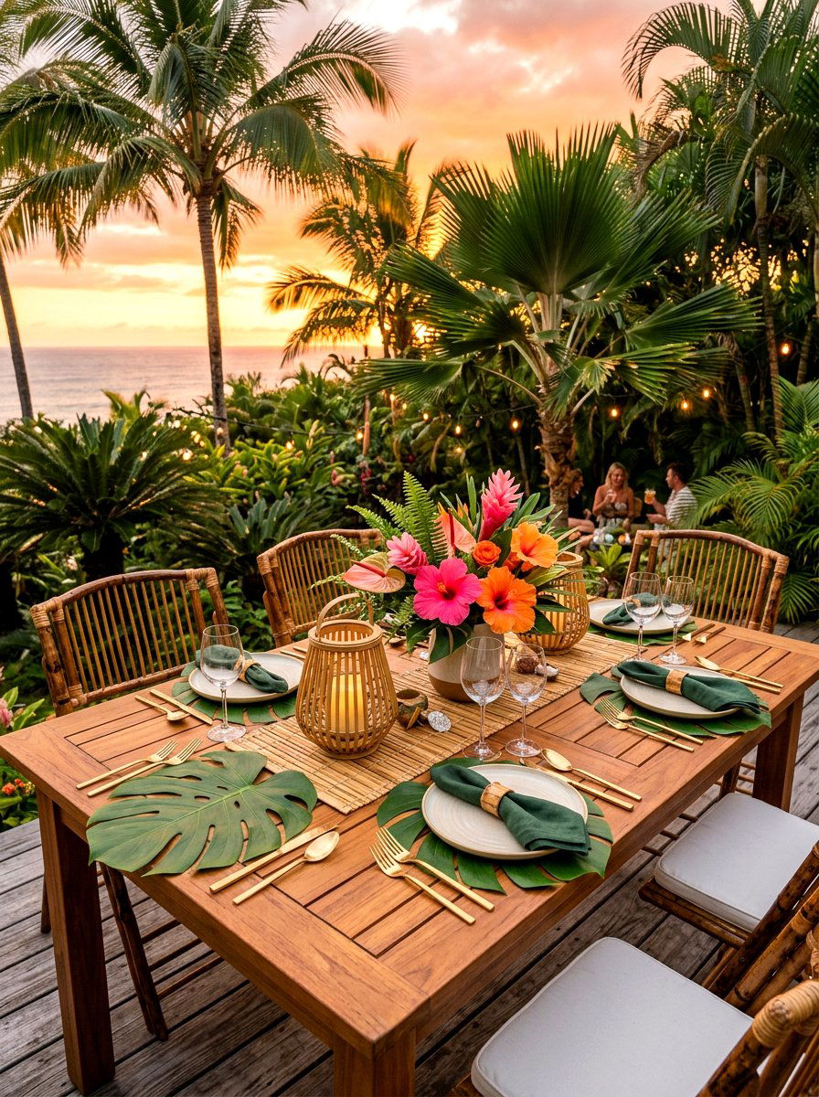 Tropical palm outdoor dining - 30 summer patio tablescape ideas
