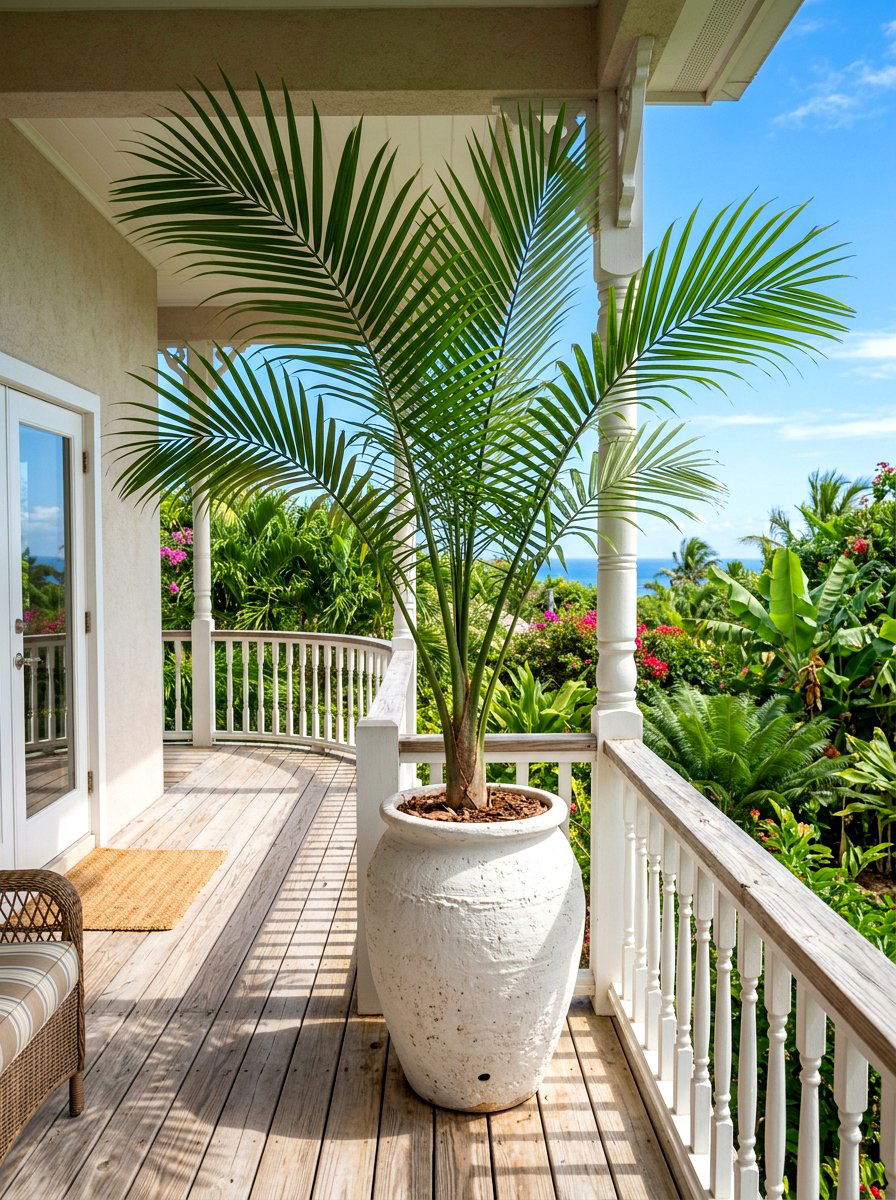 Tropical palm porch urn - 30 porch urn planter ideas
