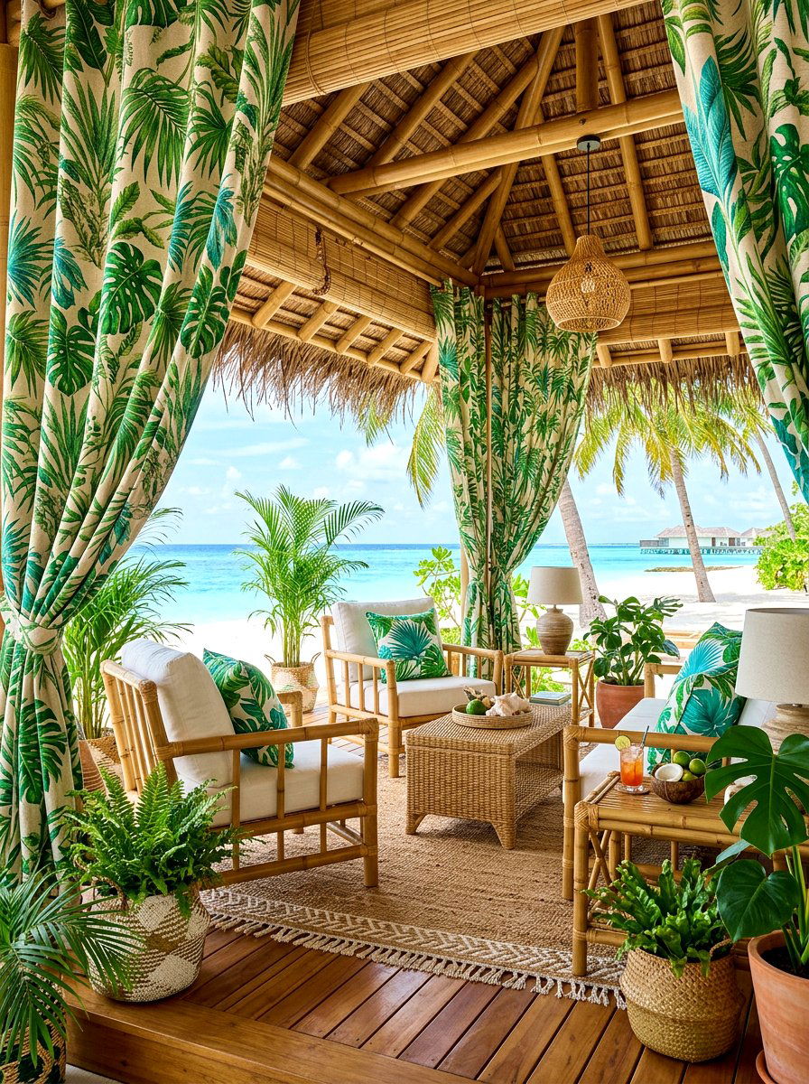 Tropical palm print curtains - 30 cabana curtain ideas