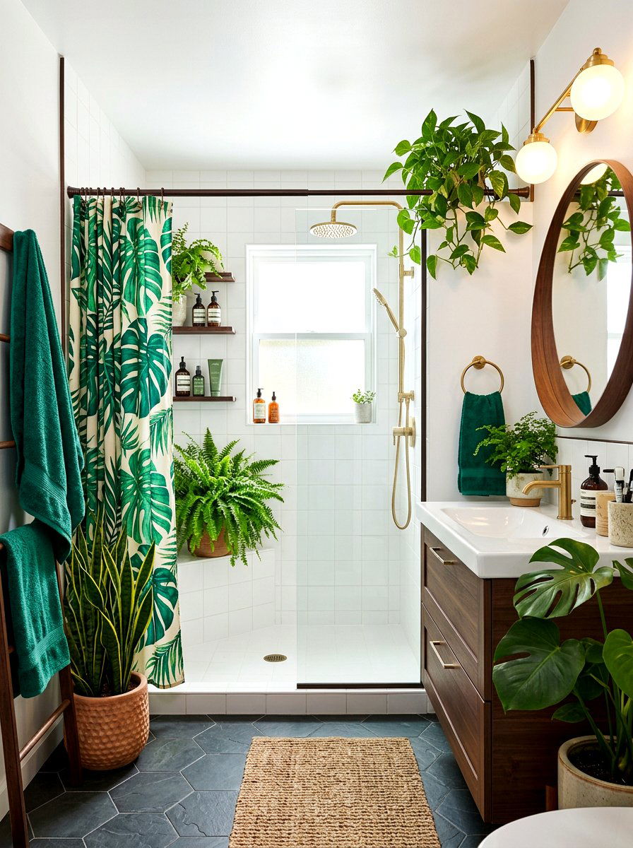 Tropical palm shower curtain - 30 shower curtain bathroom ideas