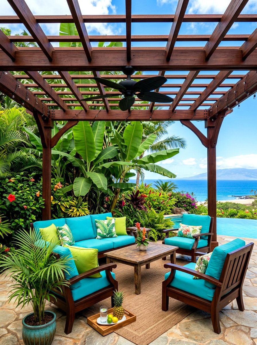 Tropical pergola lounge decor - 30 open pergola seating ideas