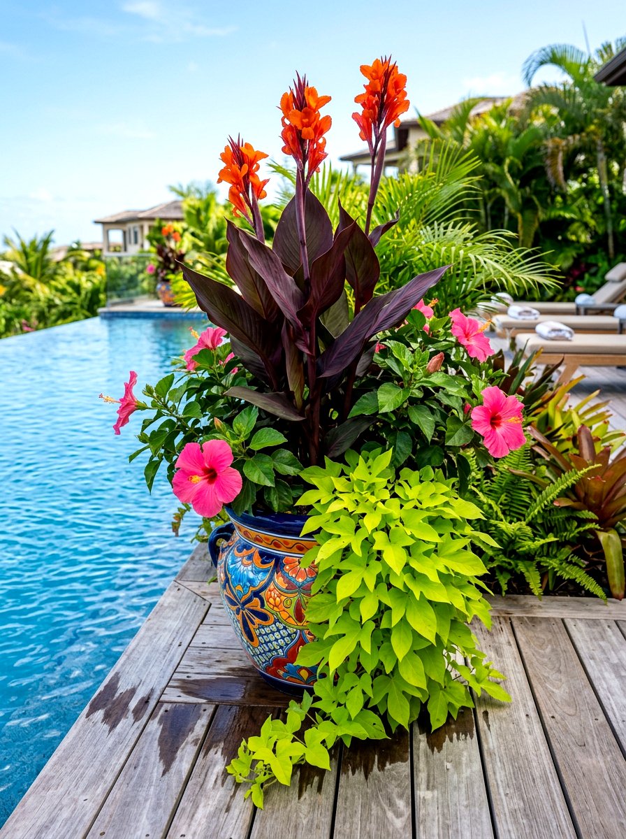 Tropical plant arrangement - 30 mixed container garden ideas