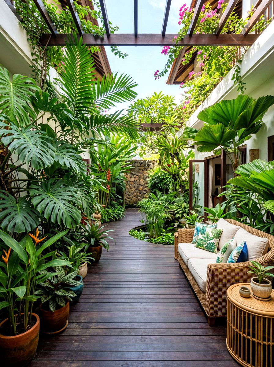 Tropical plant filled courtyard - 30 small courtyard seating ideas