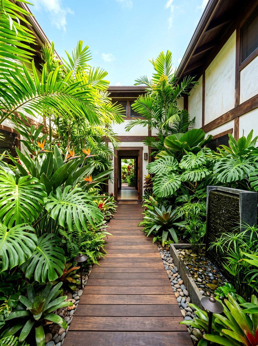 Tropical plant filled courtyard - 30 courtyard house entry ideas
