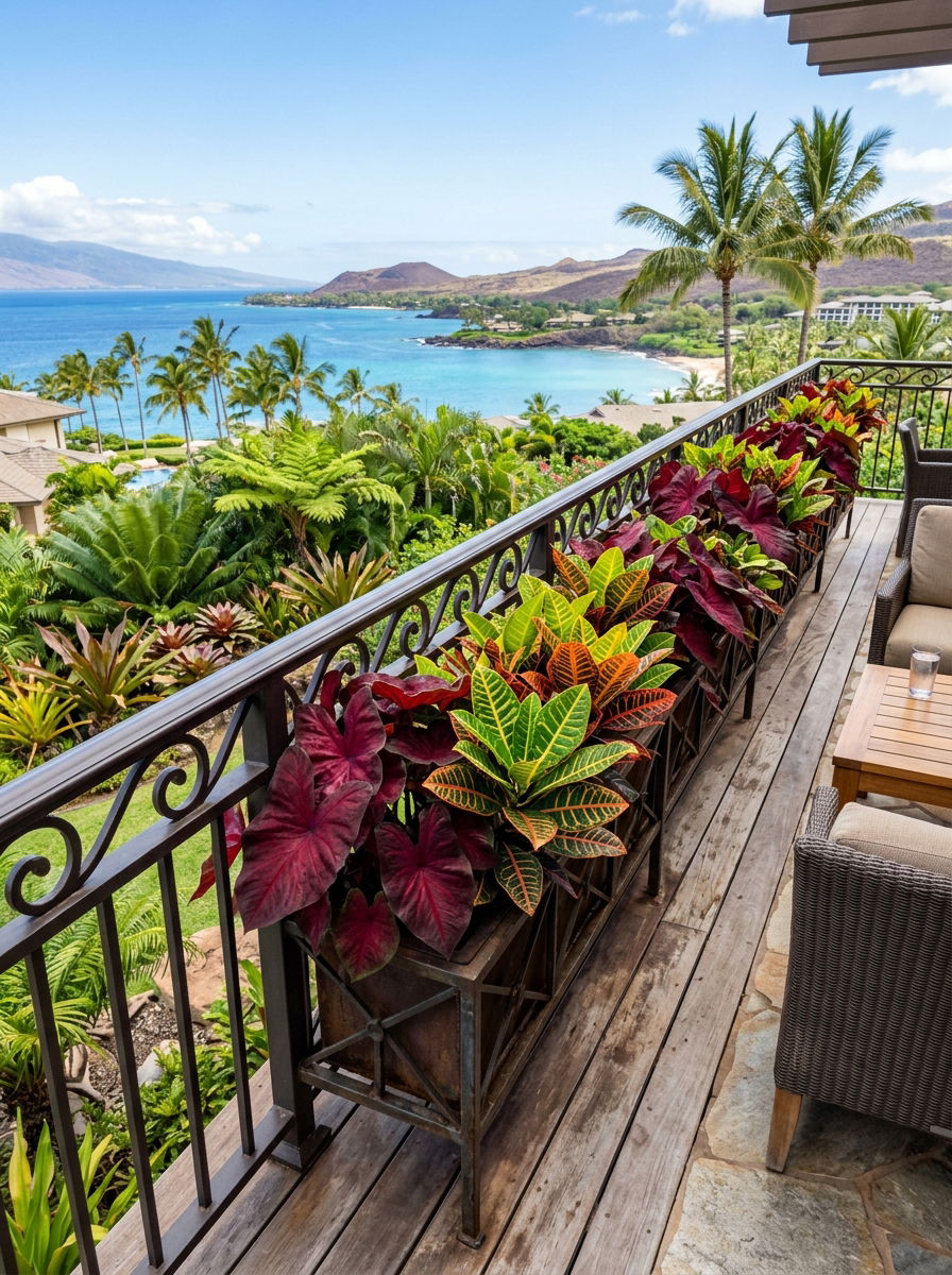 Tropical plant railing container - 30 railing planter ideas