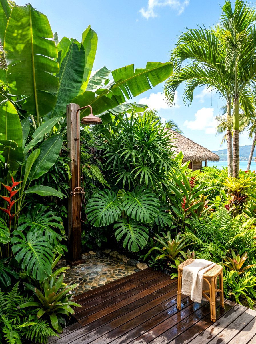 Tropical plant shower screen - 30 outdoor shower privacy ideas