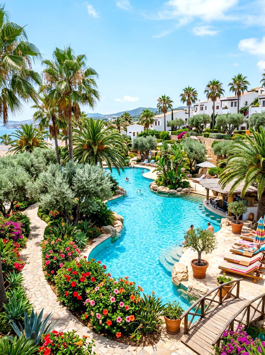 Tropical pool landscape with olive tree accents - 30 poolside olive trees ideas