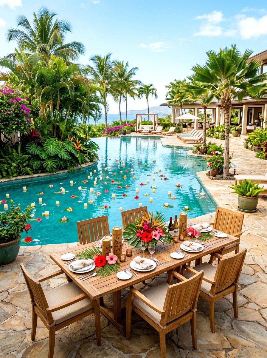Tropical poolside candle setting - 30 candlelit patio dinner ideas