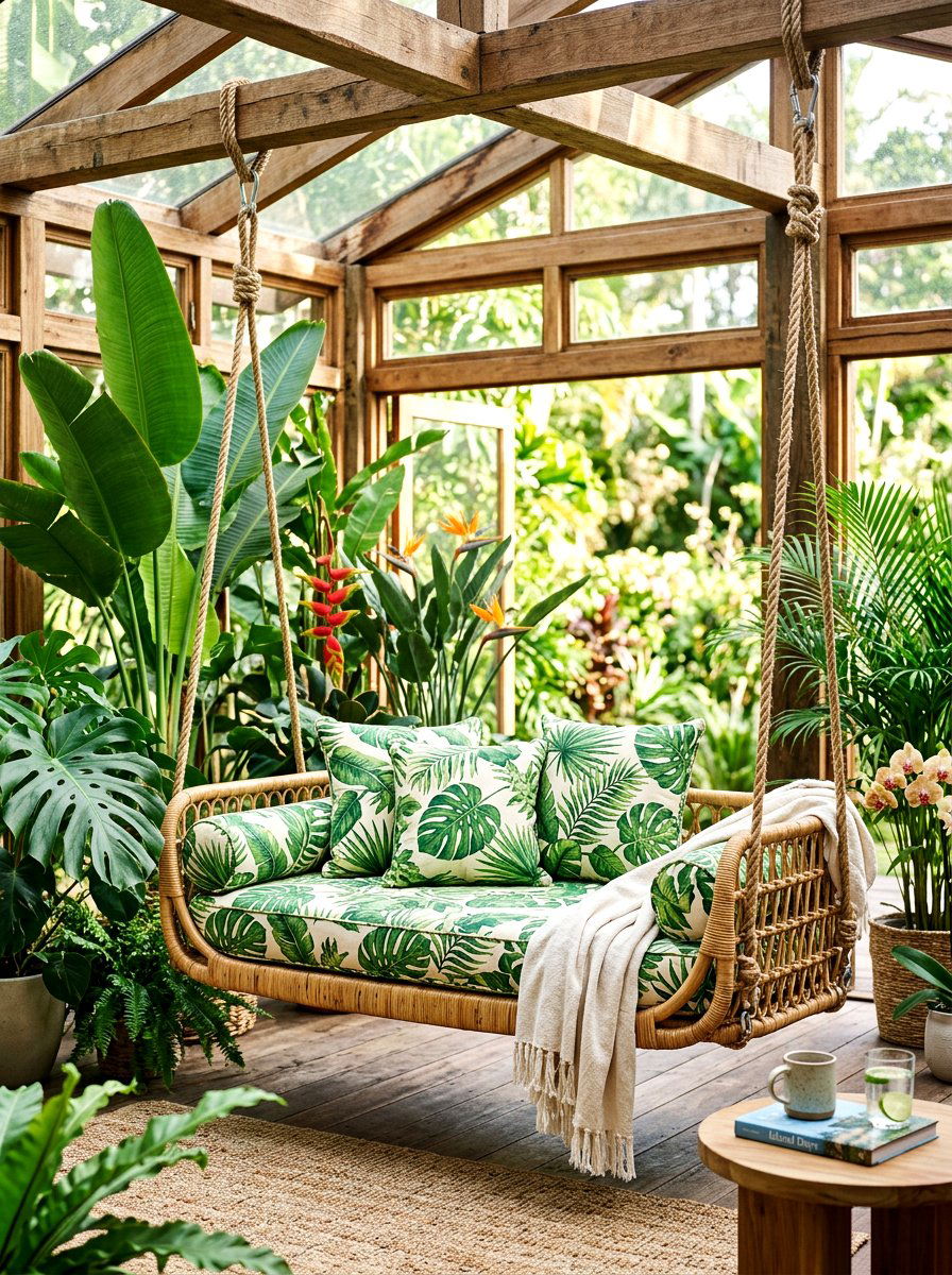 Tropical rattan swing bed - 30 porch swing bed ideas