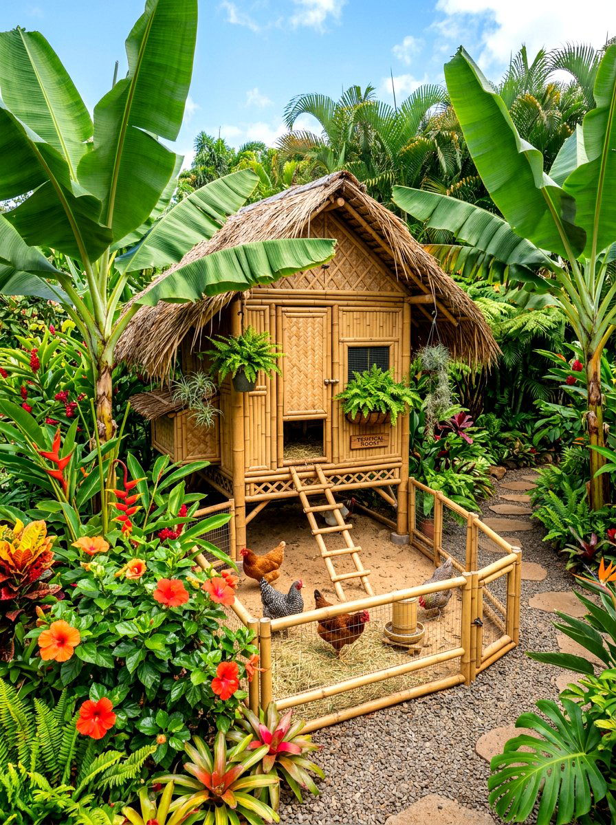 Tropical style chicken coop garden - 30 backyard coop garden ideas