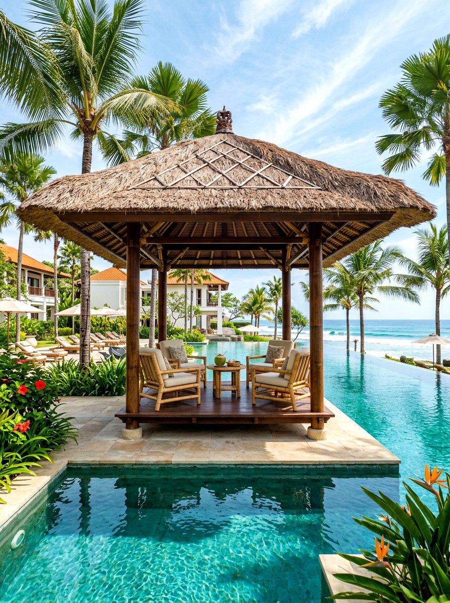 Tropical thatched gazebo - 30 hexagon gazebo ideas