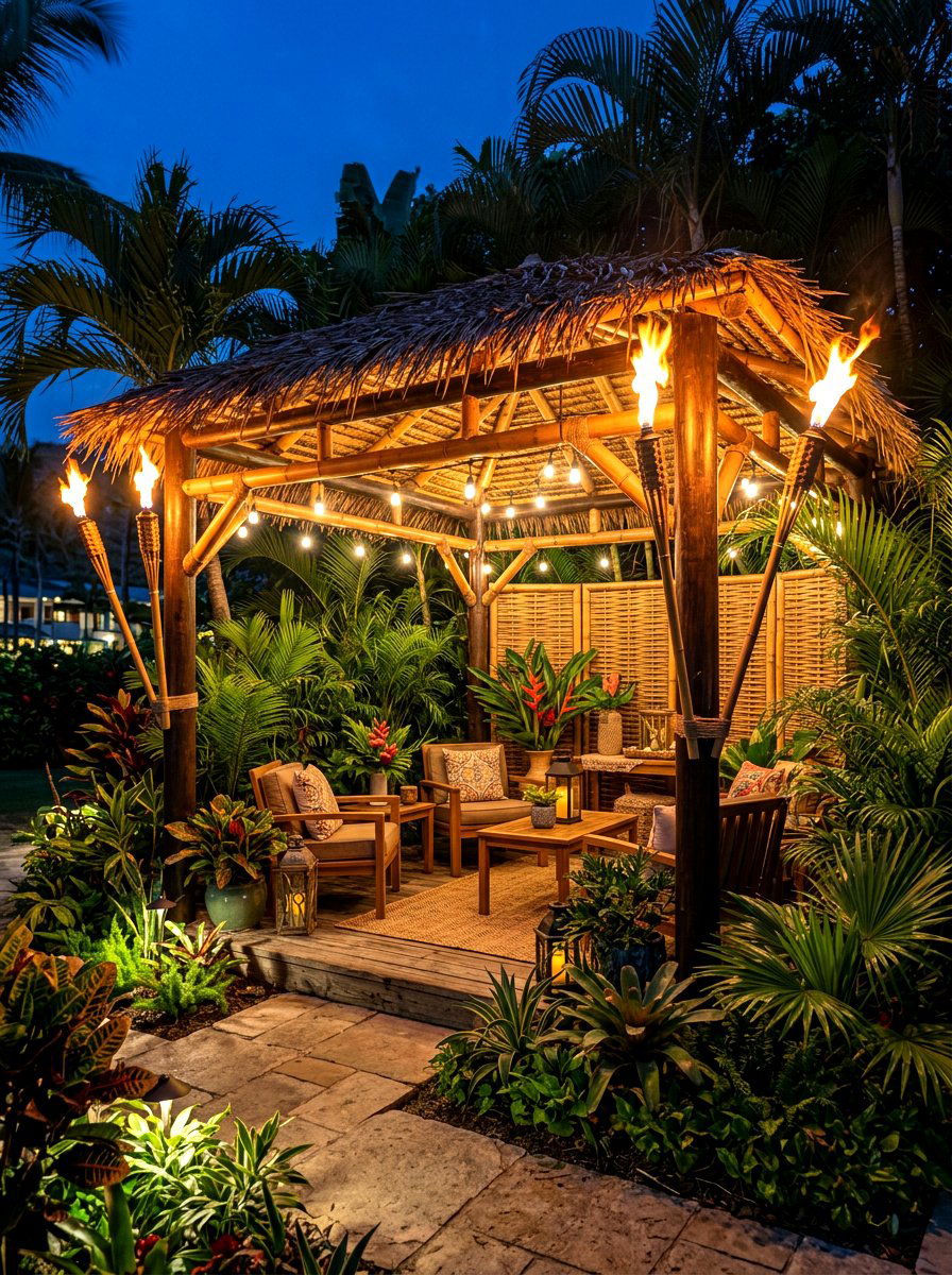 Tropical tiki torch - 30 pergola lighting ideas