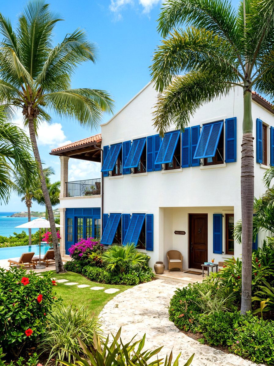 Tropical villa with bahama shutters - 30 coastal exterior ideas