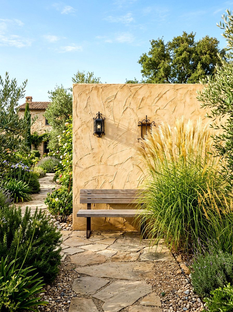 Trowel Sweep Stucco Feature Wall - 30 textured stucco backyard ideas