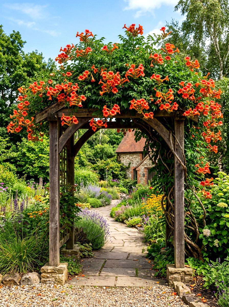 Trumpet Vine Orange Archway - 30 climbing archway ideas
