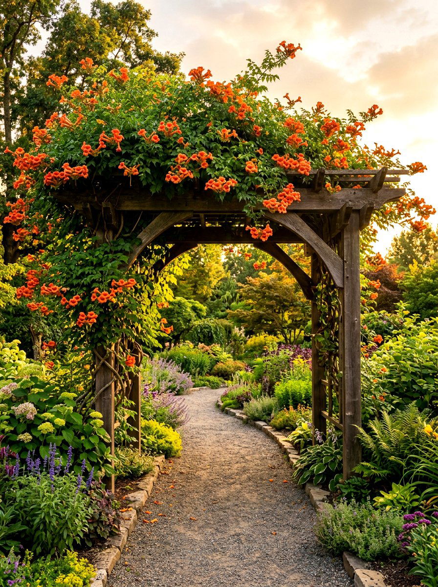 Trumpet vine arch - 30 hummingbird oasis backyard ideas