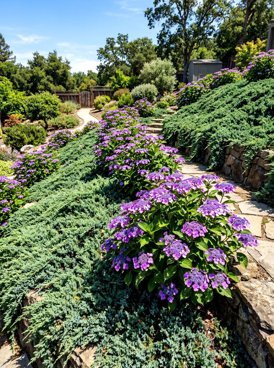 Tuff Stuff hydrangea and creeping juniper slope - 30 evergreen and hydrangea landscape ideas
