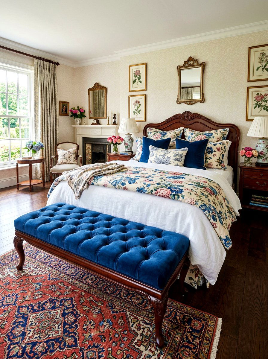 Tufted Bedroom Bench - 30 grandmillennial bedroom ideas