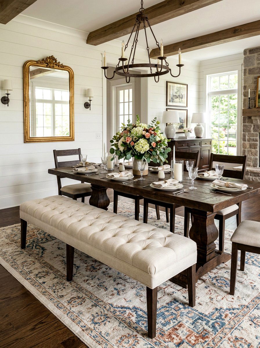 Tufted Fabric Dining Bench - 30 farmhouse dining bench ideas