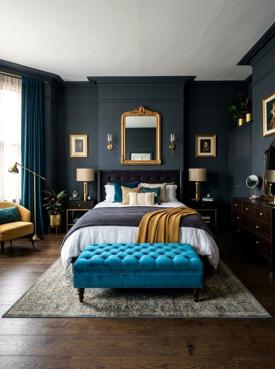 Tufted Velvet Ottoman - 30 maximalist bedroom ideas