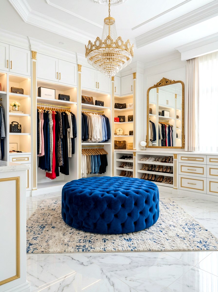 Tufted ottoman closet seating - 30 glam closet ideas
