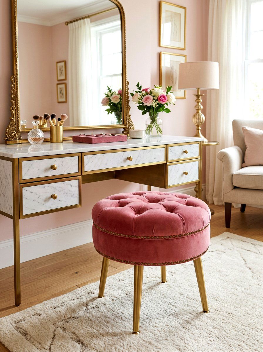Tufted velvet bathroom stool - 30 coquette bathroom ideas