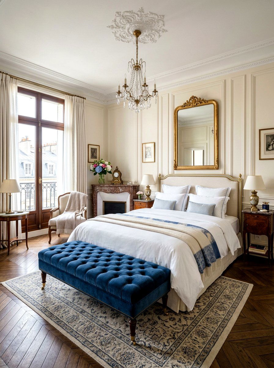 Tufted velvet bench - 30 Parisian hotel bedroom ideas
