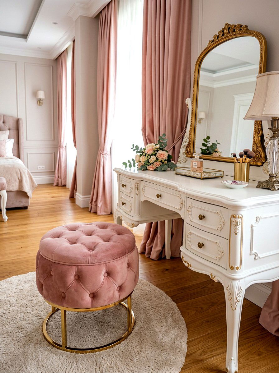 Tufted velvet stool - 30 coquette vanity ideas