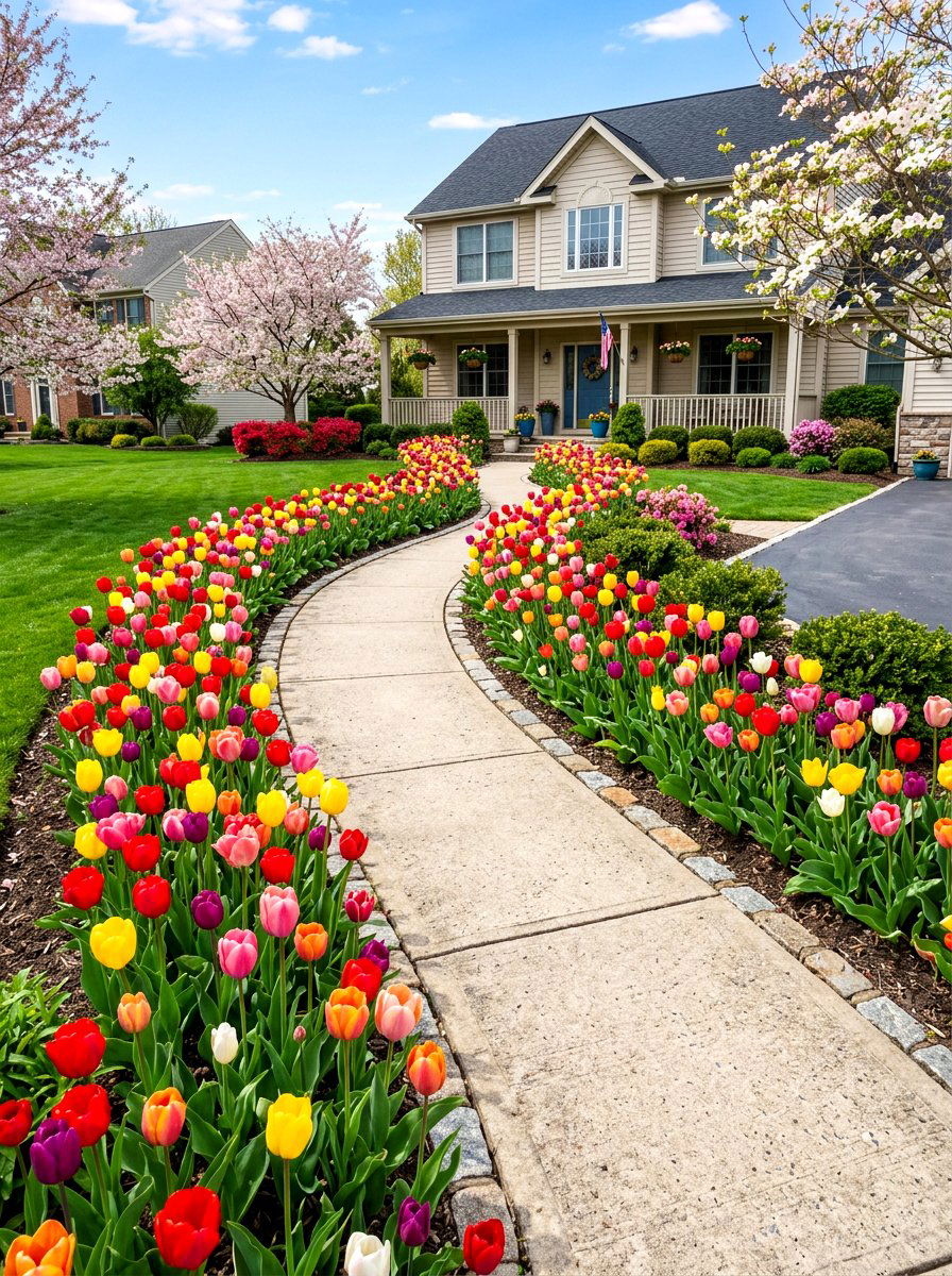 Tulip Walkway Border - 30 tulip garden ideas