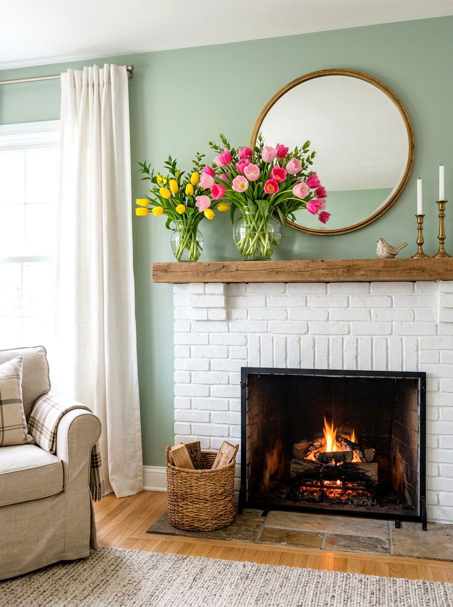 Tulip flower arrangement mantel - 30 spring mantel decor ideas