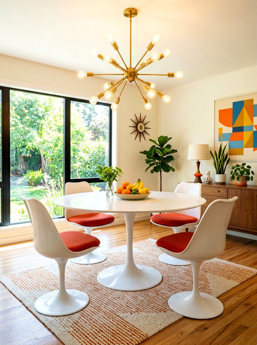 Tulip table under sputnik chandelier - 30 tulip table decor ideas