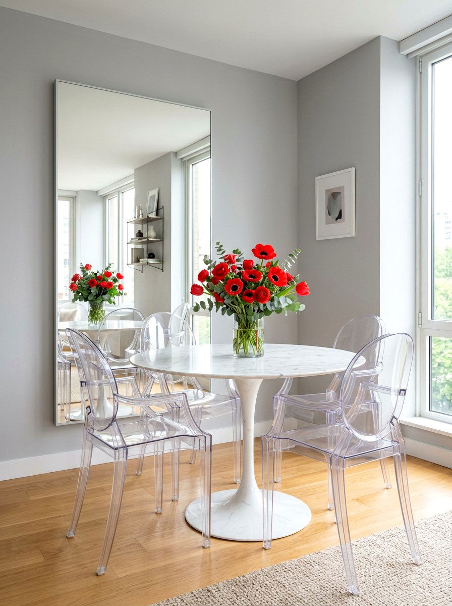 Tulip table with acrylic ghost chairs - 30 tulip table decor ideas