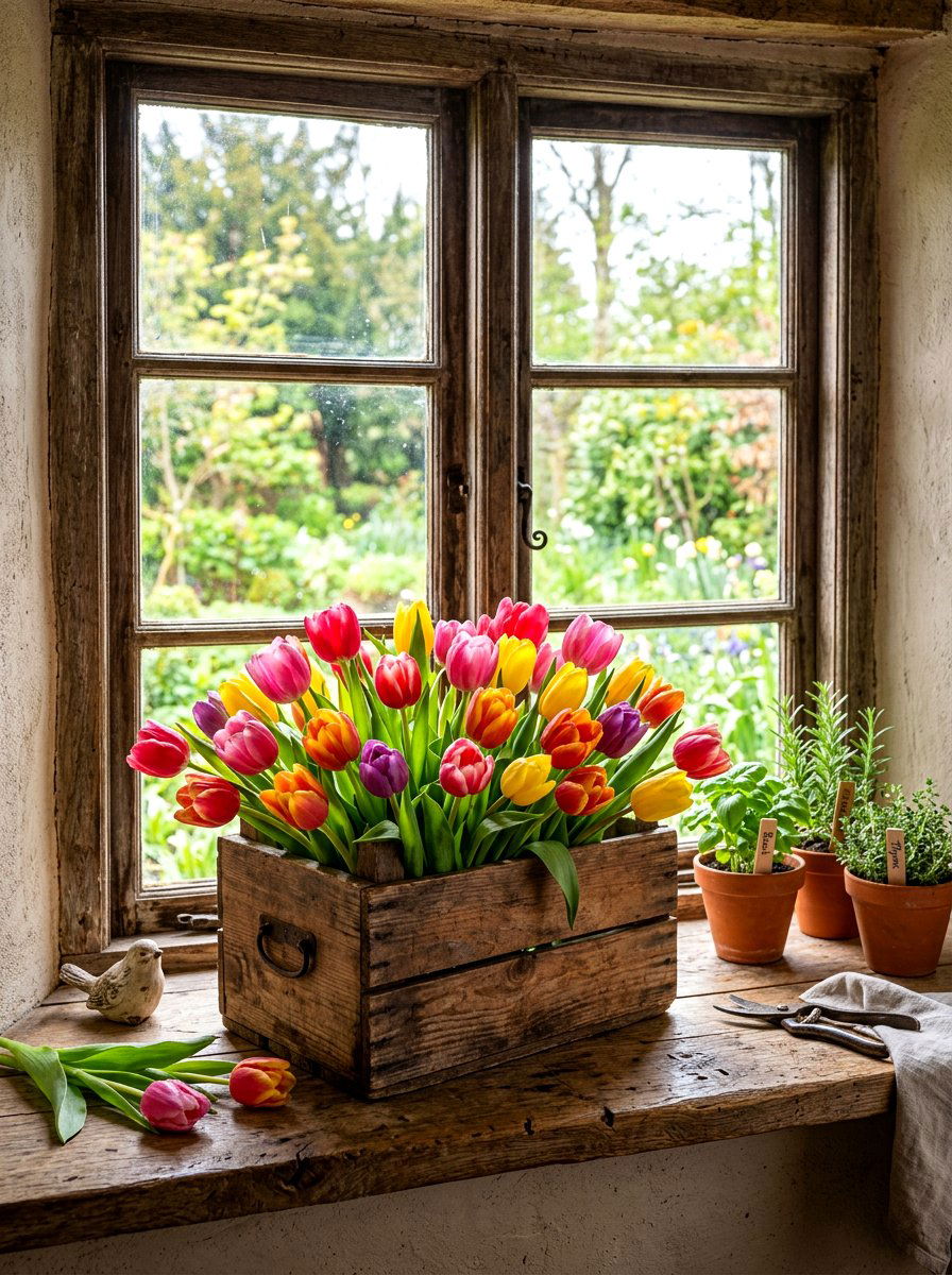 Tulips in wooden crate - 30 market bouquet decor ideas