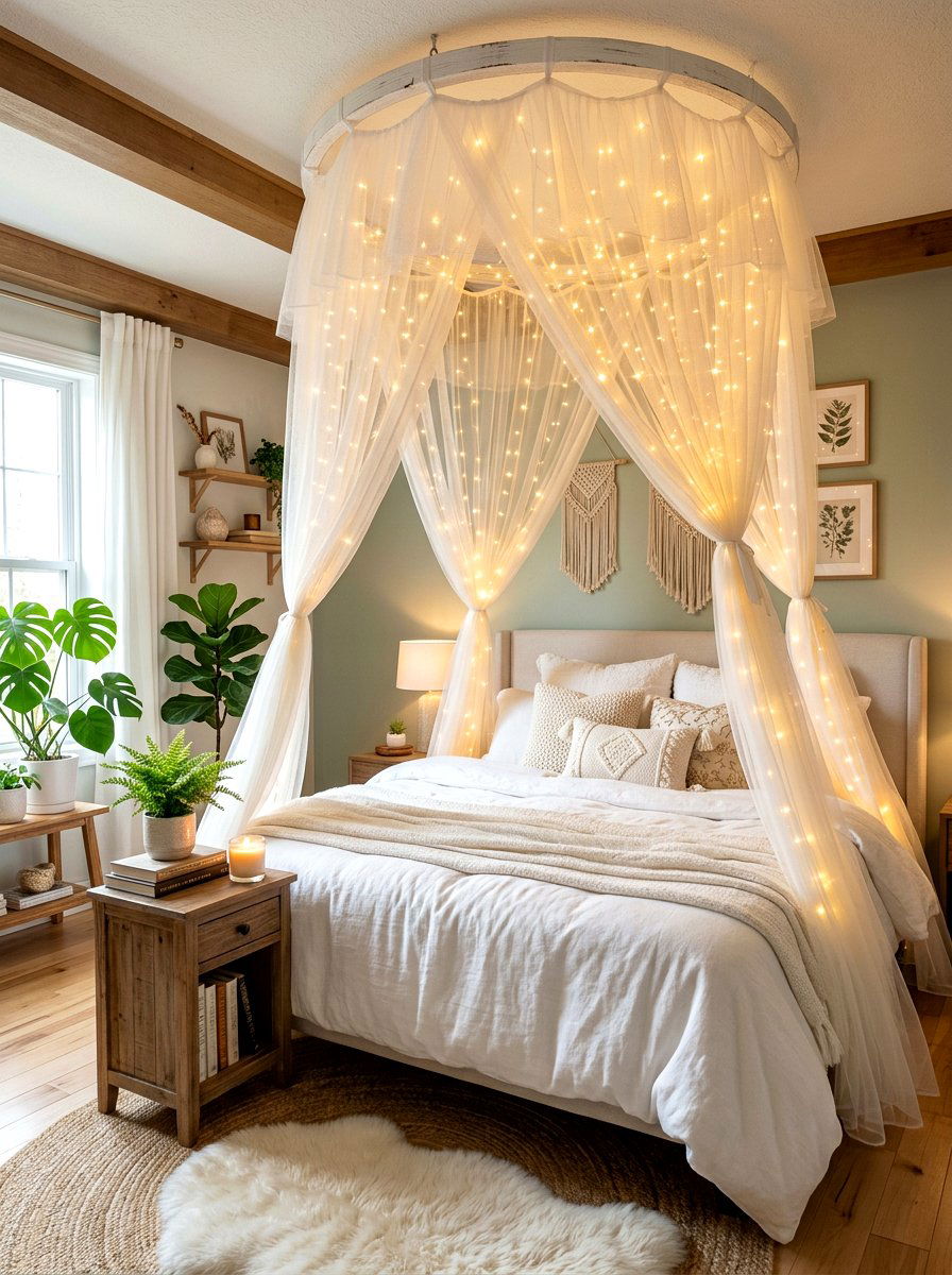 Tulle Fairy Light Canopy - 30 romantic canopy bedroom ideas