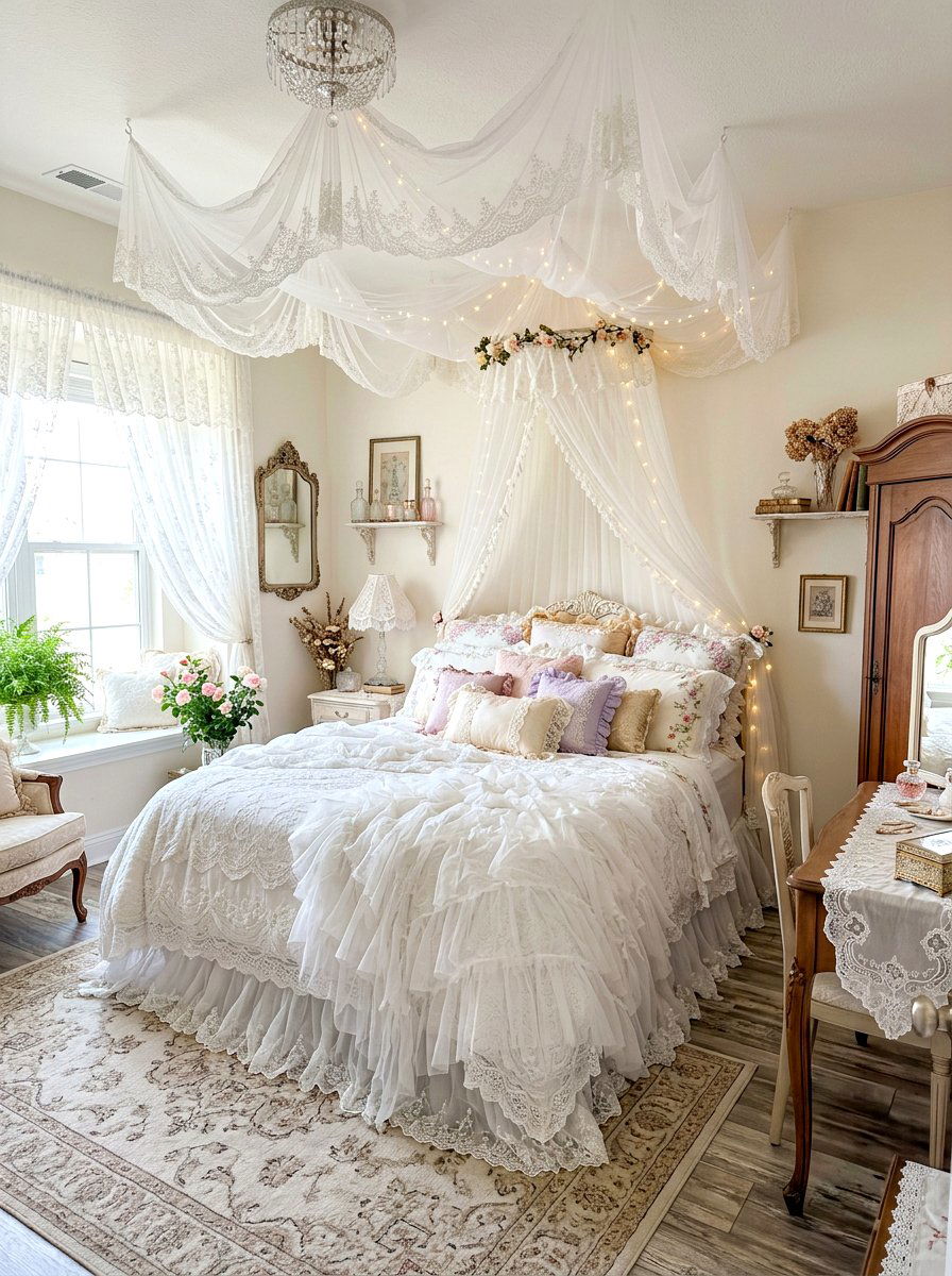Tulle and lace bedroom - 30 cottage lace bedroom ideas