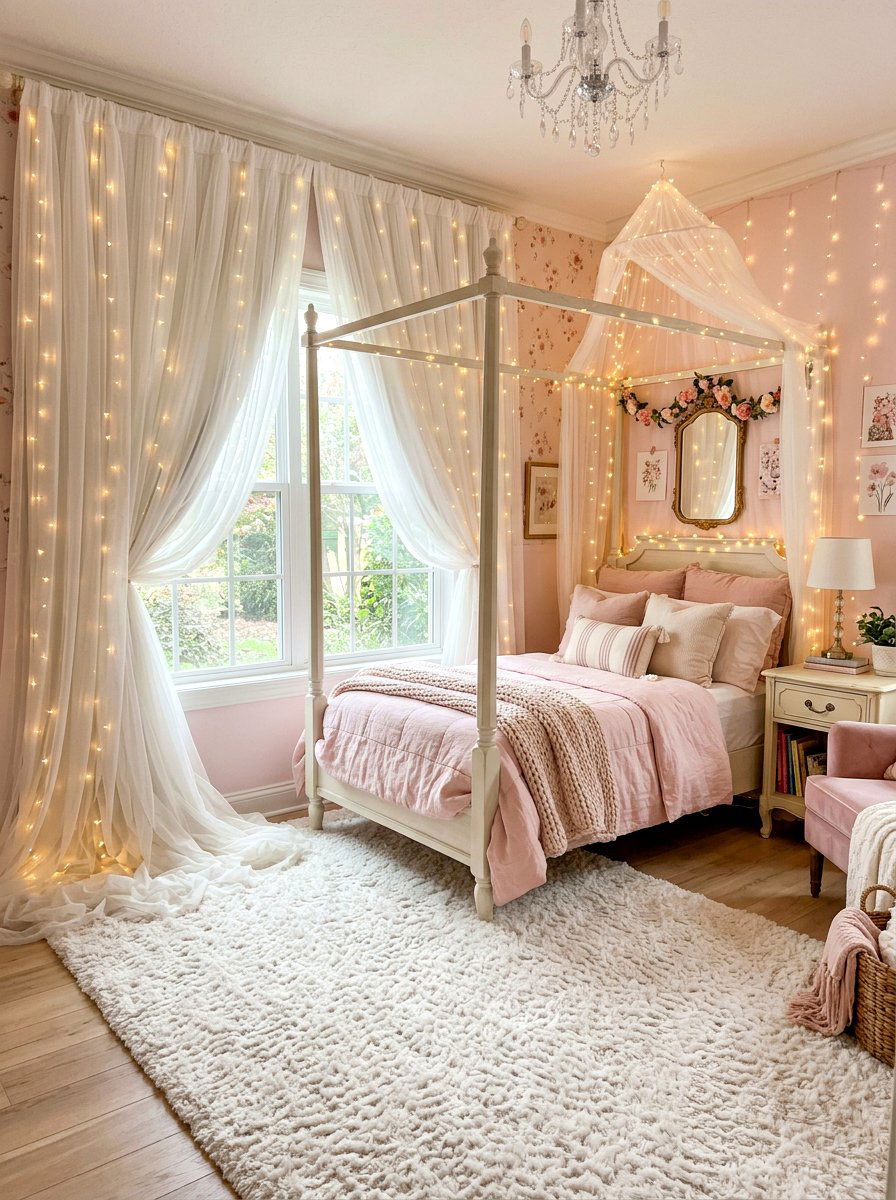 Tulle puddled window drapes - 30 puddled curtains bedroom ideas