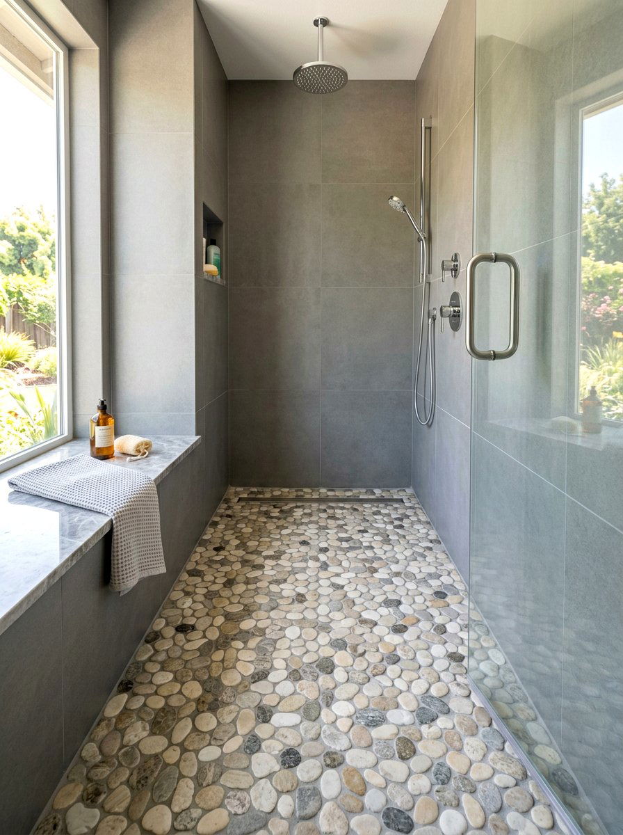 Tumbled Marble Pebble Shower Floor - 30 marble mosaic bathroom ideas