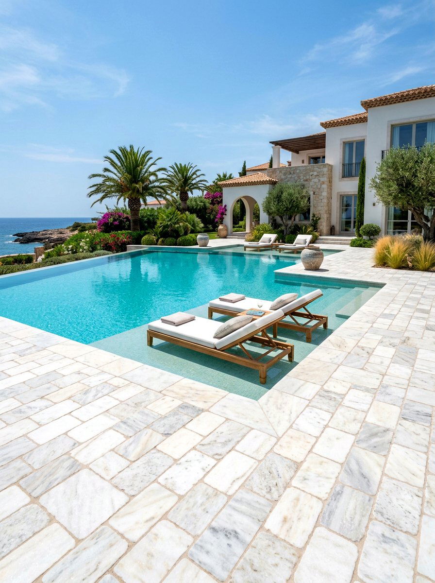 Tumbled Marble Pool Deck - 30 pool patio ideas
