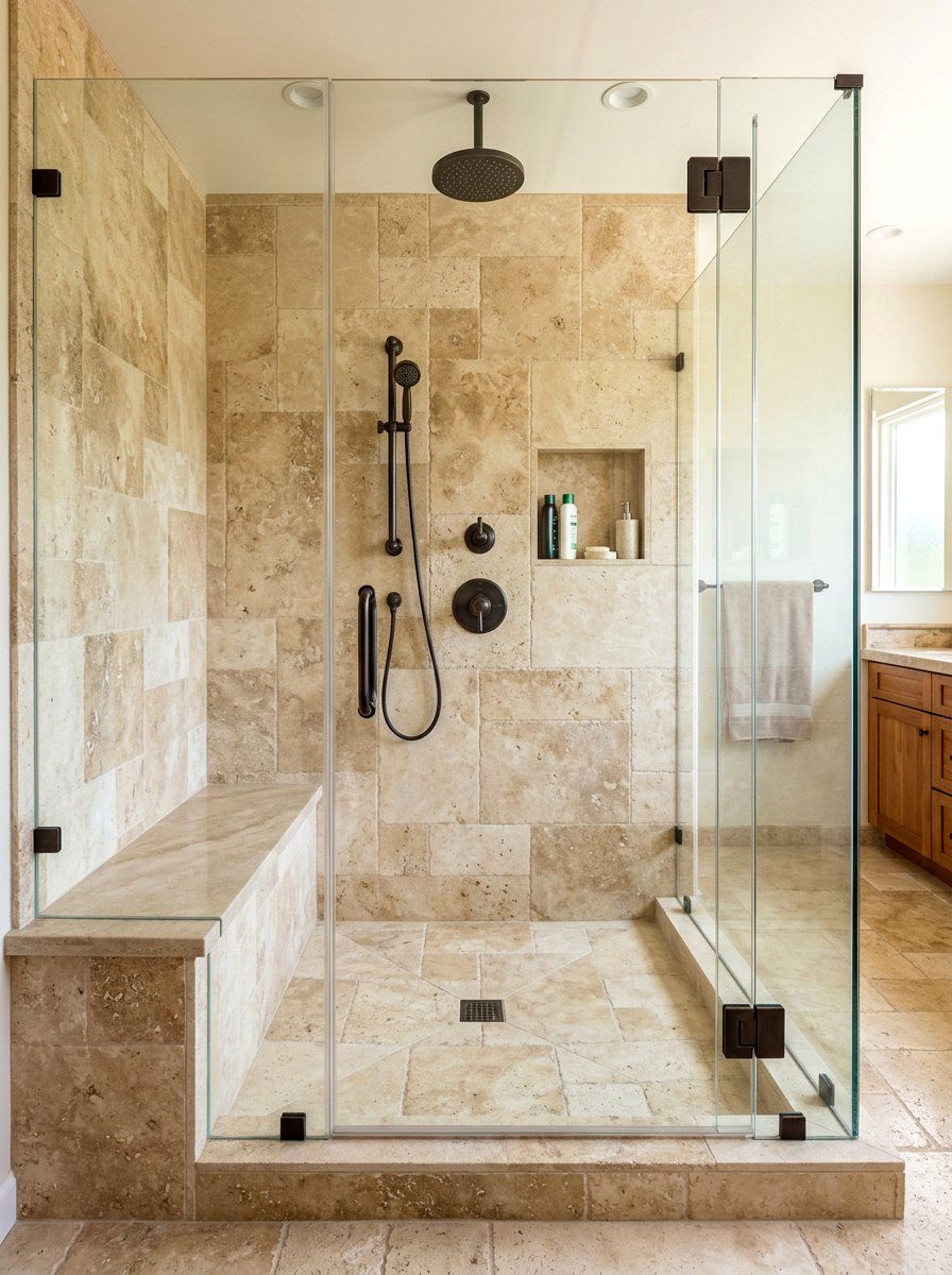 Tumbled Travertine Stone Shower Walls - 30 French country bathroom ideas