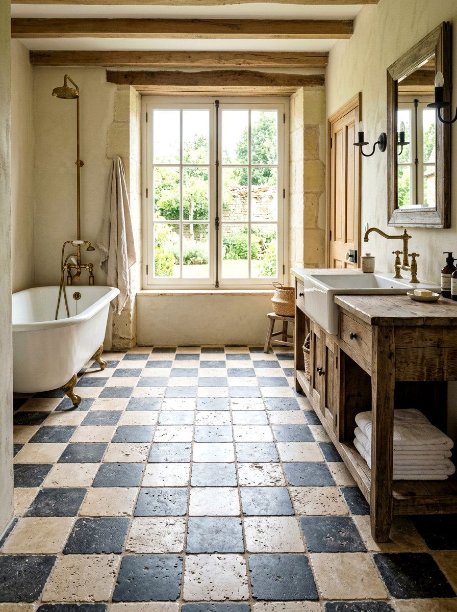 Tumbled edge stone checkerboard floor - 30 checkerboard bath floor ideas