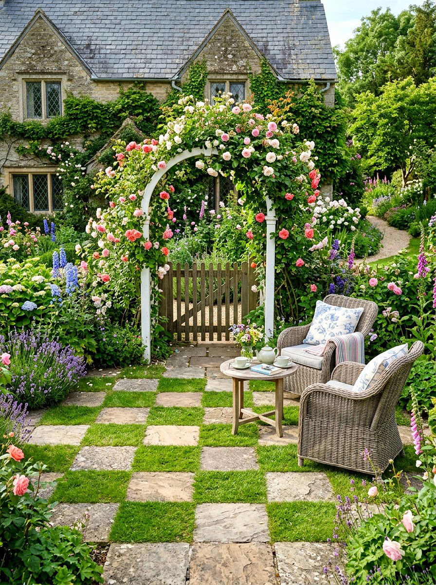 Tumbled stone and grass patio - 30 checkerboard patio paver ideas